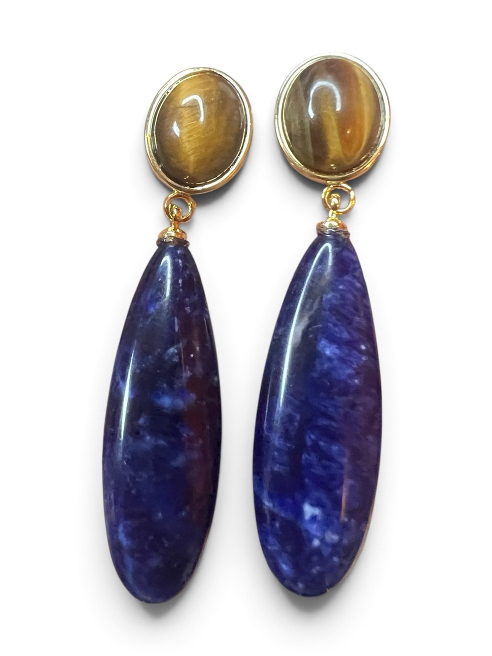 Sterling Silver with Gold Plated Tiger Eye and Sodalite Drop Earrings NWOT